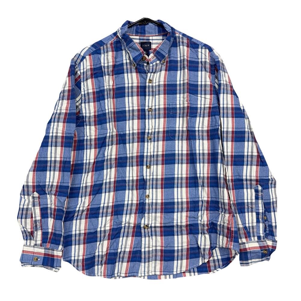 J Crew Mens Shirt Blue Red Cream Plaid Button Down Long Sleeve Cotton Large